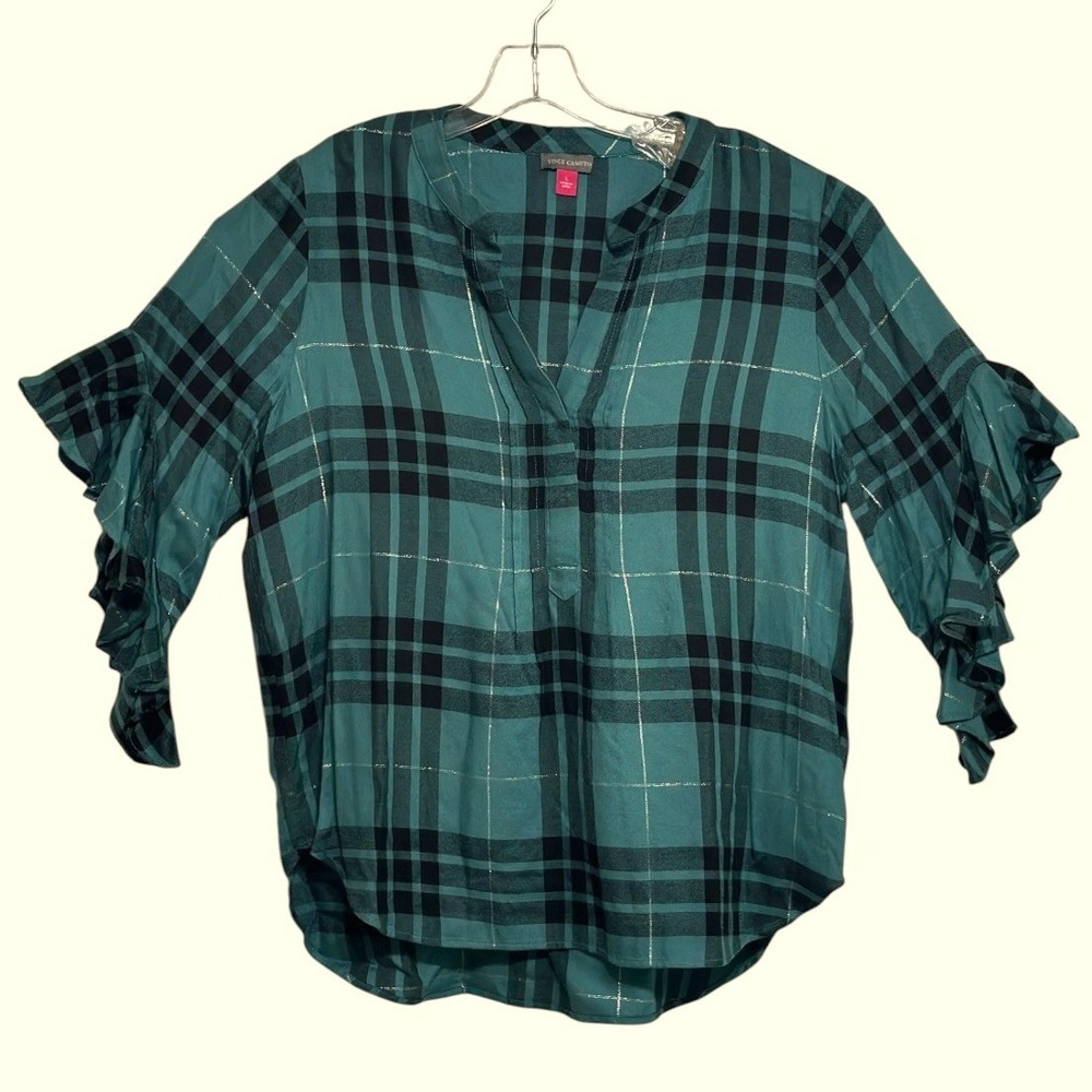 Vince Camuto Ruffle Sleeve Blouse Womens Teal Plaid Metallic Lurex Tartan Fall L